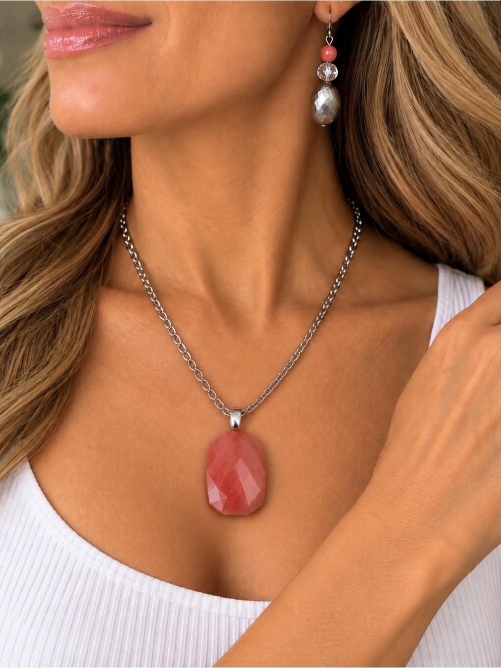 VINMOD Designs Repurposed Pink Stone Necklace & Earring Set 20"